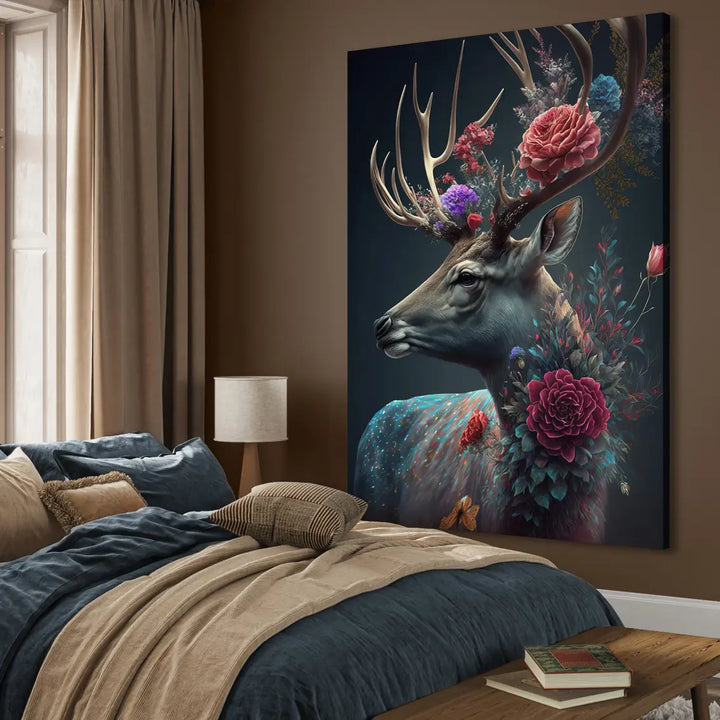 Canvas Schilderij - Deer with flowers